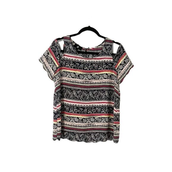 iZ Byer Cold Shoulder Floral Pattern Navy, Pink, Yellow Stripes Top Size M - Picture 1 of 8